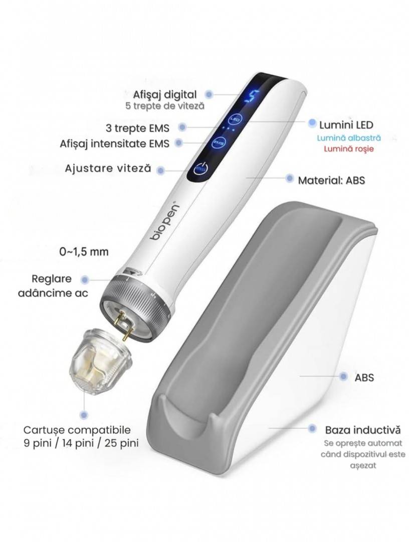 Bio Pen Q2 - ( Dr Pen ) 3-in-1 cu Microneedling, LED si EMS dispozitiv pentru fata si tratamente impotriva caderii parului - CADOU - 6 ace
