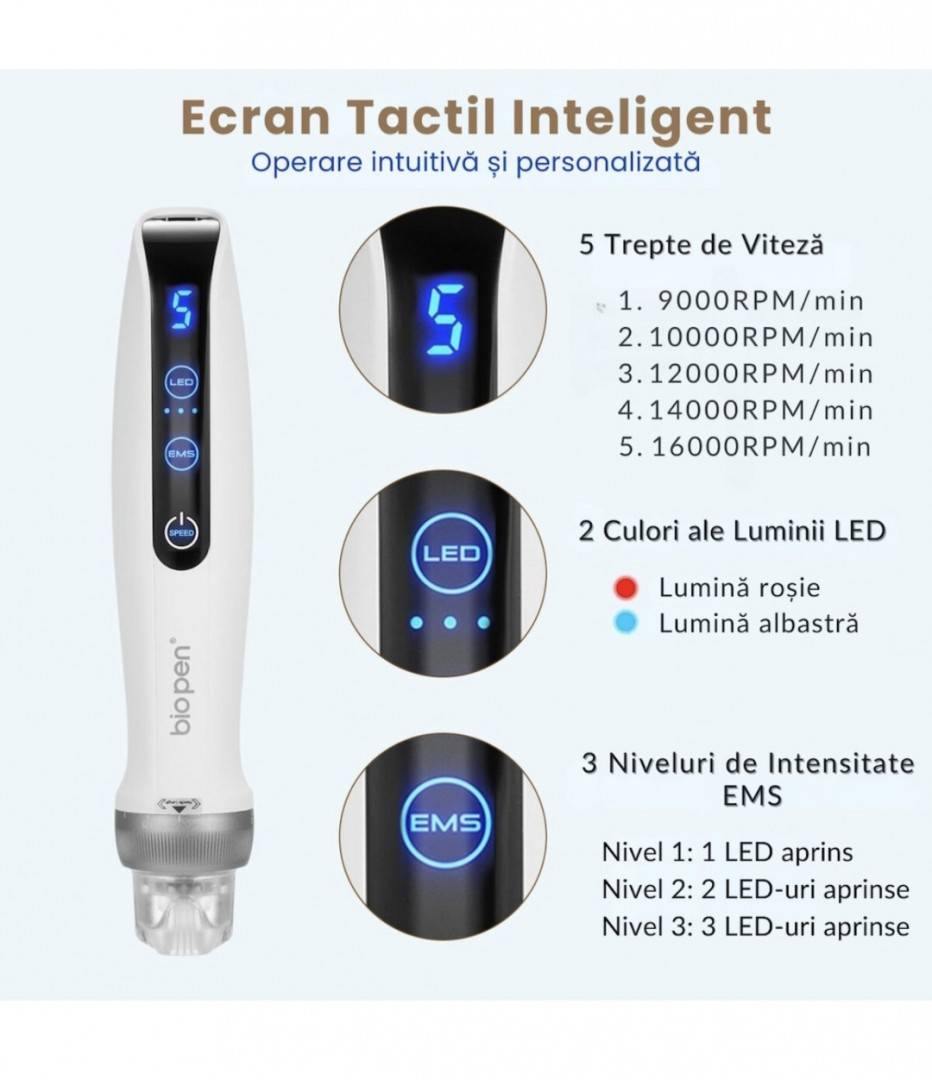 Bio Pen Q2 - ( Dr Pen ) 3-in-1 cu Microneedling, LED si EMS dispozitiv pentru fata si tratamente impotriva caderii parului - CADOU - 6 ace