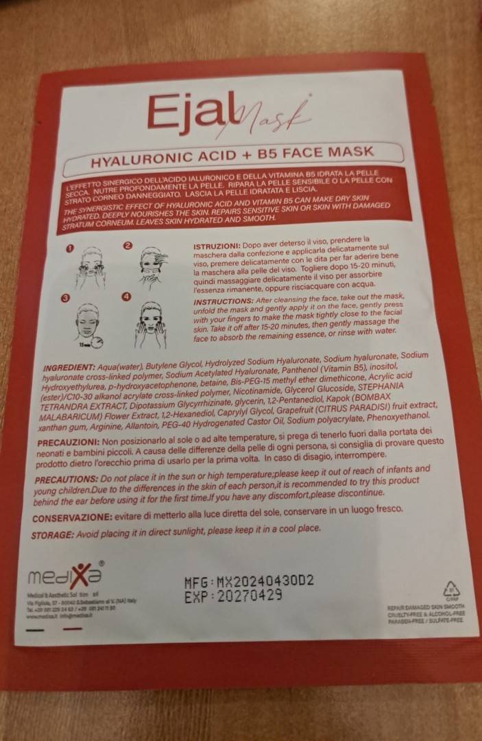 Masca faciala - acid hialuronic si B5 - EJAL Mask  28 ml